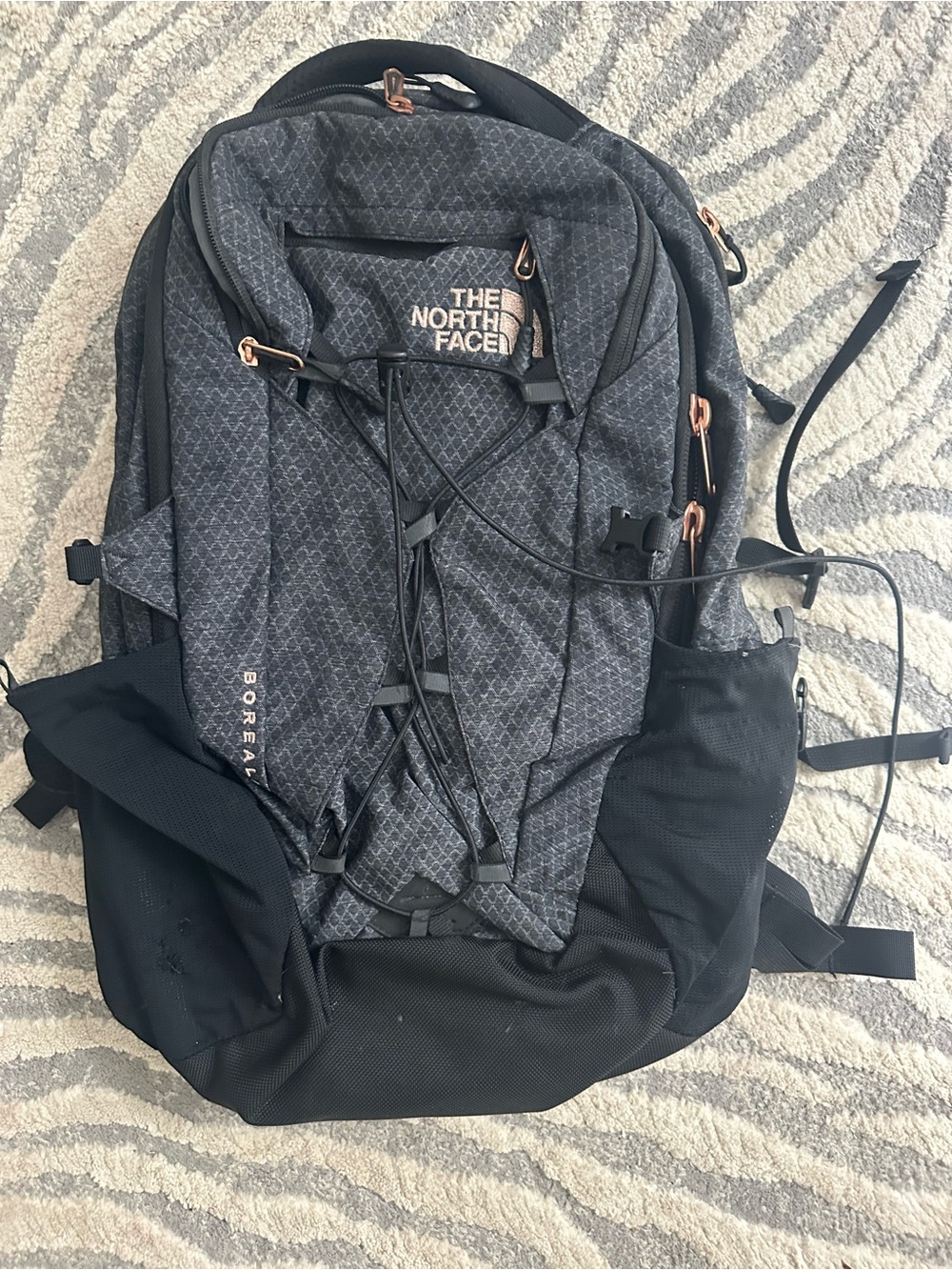 The North Face Women Dark Gray & Black Borealis Backpack with Rose Gold Accents